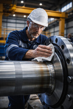 AI generated engineer cleaning large steel flange in factory environment with safety gear highlighting maintenance precision engineering and industrial workflow in manufacturing plant
