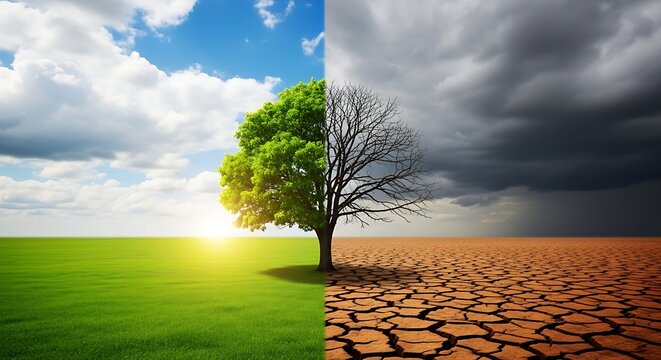 A tree stands in a lush green field on a sunny day next to a dry cracked earth landscape under a dark stormy sky, symbolizing contrasting environments.
