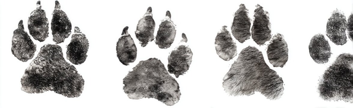 Four monochrome paw prints, likely from a canine, with detailed pads and individual toes