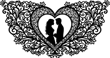 Laser cut template of wedding invitation, bride and groom in the heart frame. Openwork silhouette vector card. Couple in love in lace decor panel. Faces in profile at Valentine's day. Pattern cut out 
