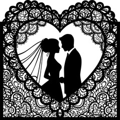 Laser cut template of wedding invitation, bride and groom in the heart frame. Openwork silhouette vector card. Couple in love in lace decor panel. Faces in profile at Valentine's day. Pattern cut out 
