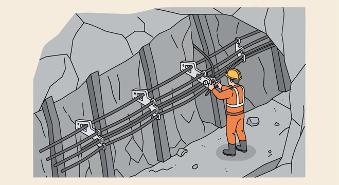 Miner working in a mine installing support beams and safety equipment.