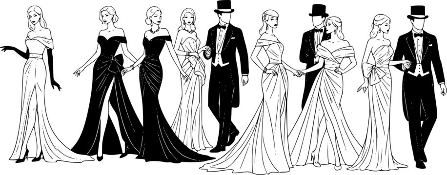 Elegant fashion silhouette set featuring women in glamorous evening gowns and men in formal tuxedos with top hats for luxury event design.
