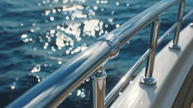 Shiny railing on a boat floating on sparkling water with sunlight reflections