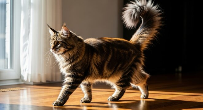 Maine Coon cat with large body and thick long fur, gentle giant breed known for friendly personality and majestic appearance.