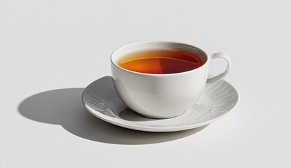 Fototapeta premium White teacup with tea, on a saucer, casting a shadow, isolated on a white background