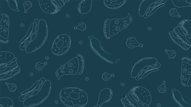 Hand Drawn Fast Food Doodle Background with Burger Pizza Hot Dog Donut and Onion Pattern