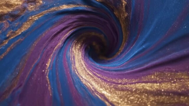 Abstract seamless swirl of vibrant blue, purple, and gold dust textures in a flowing vortex