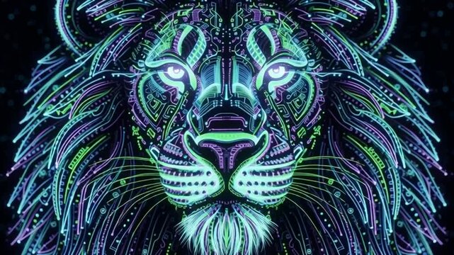 A vibrant digital illustration of a lion's face with intricate circuitry patterns on a dark background.