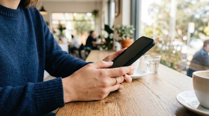 Obraz premium Hands holding smartphone at cafe table by window