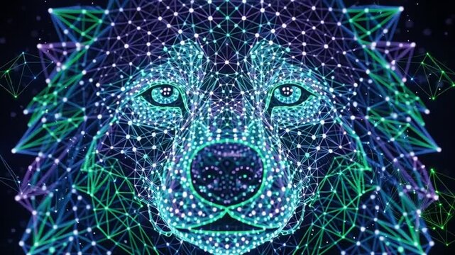 Wolf head with glowing blue and green digital network lines against a dark background