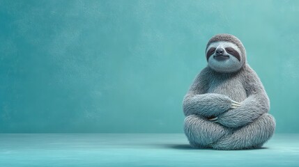Fototapeta premium Cute Sloth Meditating in Zen Pose on Teal Background.