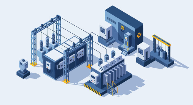 Isometric Power Station and Electrical Substation Infrastructure.