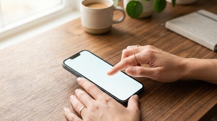 Obraz premium Hand touching smartphone with white blank screen on wooden table