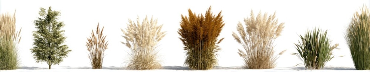 Fototapeta premium A row of diverse ornamental grasses and small trees, isolated on white