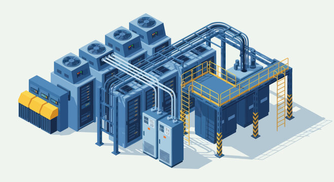 Modern Industrial Data Center Server Racks and Cooling Systems.