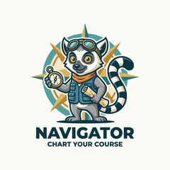 A charming illustration of a lemur dressed as an explorer, holding a compass, symbolizing adventure and exploration, set against a stylized navigation compass backdrop. © cheng lu