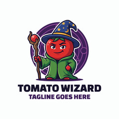 Fototapeta premium A fun and playful illustration featuring a tomato character dressed as a wizard, complete with a robe and a magic staff, set against a vibrant, enchanted background.