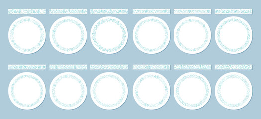 Seamless border set with expedition theme in outline doodle style and circle decoration pattern. Hiking inspiration, travel concept and camp adventure motif combine as contour nature border for © moonnoon