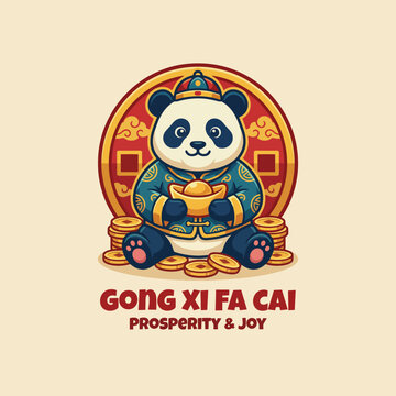 A charming panda dressed in traditional attire holds a gold coin, symbolizing prosperity and joy. Its vibrant color palette enhances the festive atmosphere of Chinese New Year.