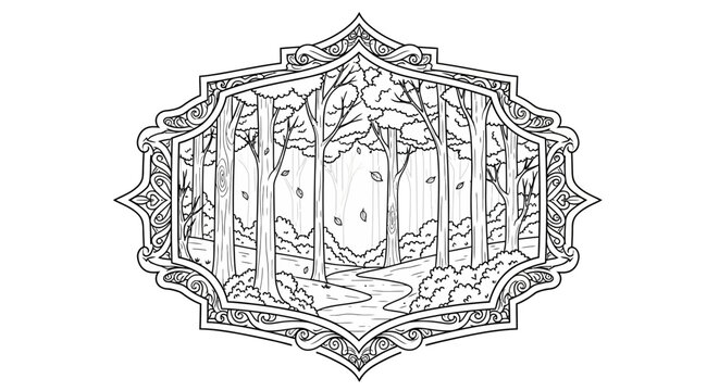 Detailed hand-drawn line art illustration of an autumn forest scene with bare trees and a winding path in an ornate frame, ideal for coloring books.