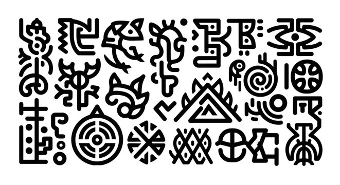 Diverse collection of abstract tribal symbols, ancient ethnic glyphs, and primitive geometric icons. Modern decorative vector elements.