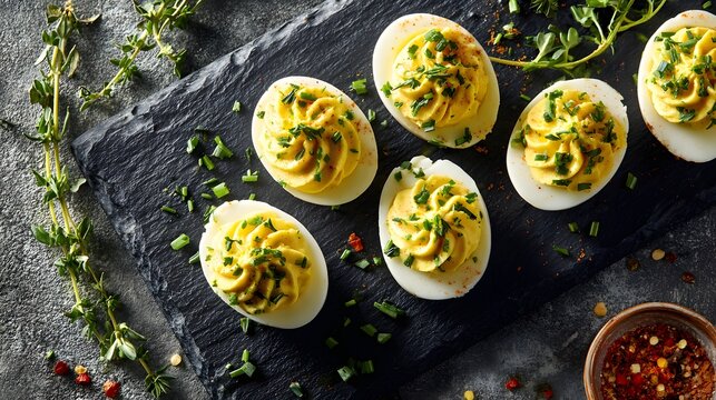 Delicious Deviled Eggs Appetizer with Fresh Herbs Garnish.