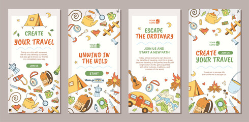 Cartoon camping banner bundle with tent, campfire, and backpack in doodle style. Vertical background combines travel, camp, and adventure themes as a color graphic for outdoor fun trip or holiday. © moonnoon