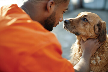 Obraz premium A heartfelt moment shared between a man and his dog depicts love, loyalty, and companionship, showcasing a deep bond that transcends words in a serene outdoor setting.