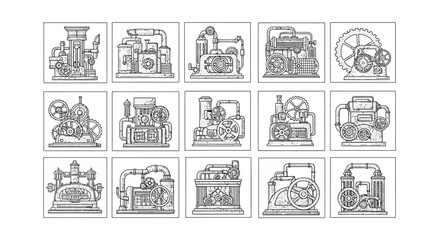 Naklejka premium Steampunk Machinery Line Art Vector Illustrations Set. Vintage Industrial Engines and Intricate Mechanical Gear Mechanisms Drawing
