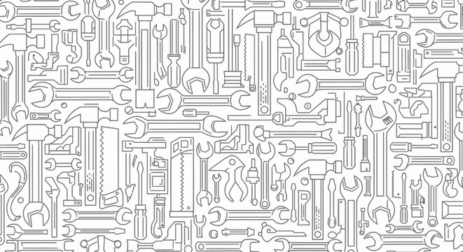 Seamless pattern of various outline hand tools on a white background. Industrial equipment, repair, and DIY instruments.
