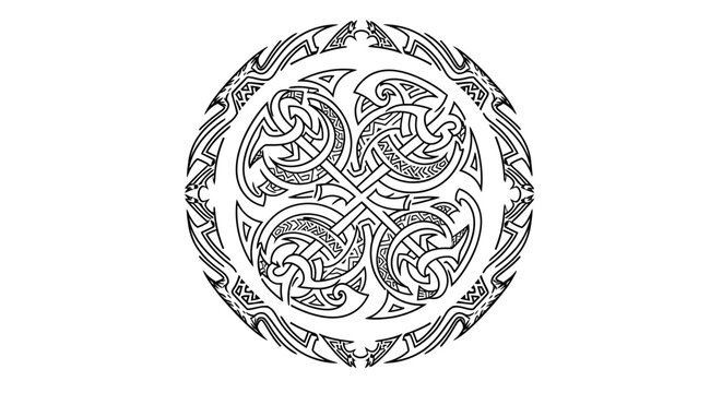 Intricate black and white circular Celtic knot pattern with traditional interwoven lines, ornate decorative tribal design