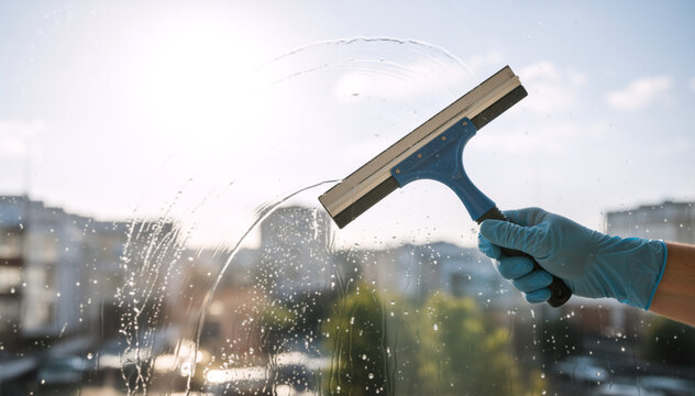 Hand in blue glove cleaning a window with a squeegee. Professional window washing service in an urban setting. Housekeeping and maintenance concept