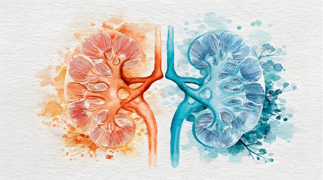 Artistic Representation of Human Kidneys with Watercolor Effects.