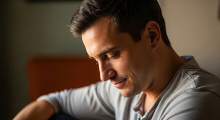 Fototapeta premium A man with a contemplative expression sitting in a quiet room with a blurred background