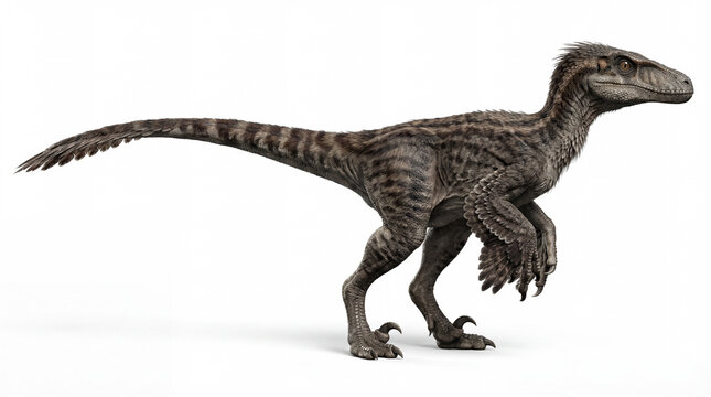 Velociraptor mongoliensis side view isolated on white background, prehistoric dinosaur lateral pose, adult Velociraptor naturalistic detailed view
