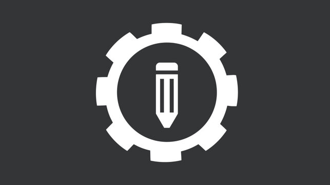 Stylized white gear with a pencil icon centered on a dark grey background