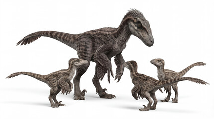 Fototapeta premium Velociraptor mongoliensis with juveniles isolated on white background, prehistoric dinosaur family, adult Velociraptor with young, detailed naturalistic poses