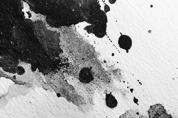 Abstract black ink splatters, drips, and washes on textured white paper