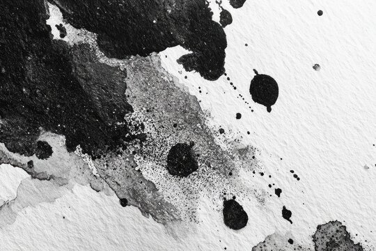 Abstract black ink splatters, drips, and washes on textured white paper