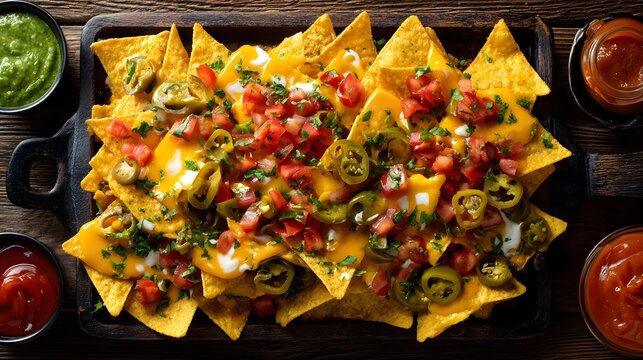 Delicious Loaded Nachos with Jalapenos and Salsa on a Platter.