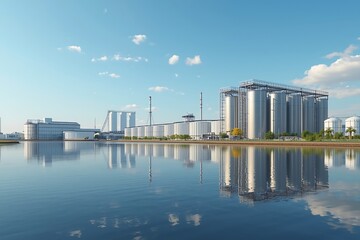 Obraz premium Generative AI Modern Industrial Power Plant Scene with Water Reflection and Clear Sky for