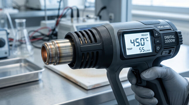 Blue electric heat gun with digital display held by a gloved hand in a professional laboratory, technical equipment, industrial repair, science research.
