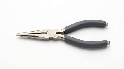 Fototapeta premium Long nose pliers with black handles isolated on white background, precision hand tool, electrical work equipment, maintenance.