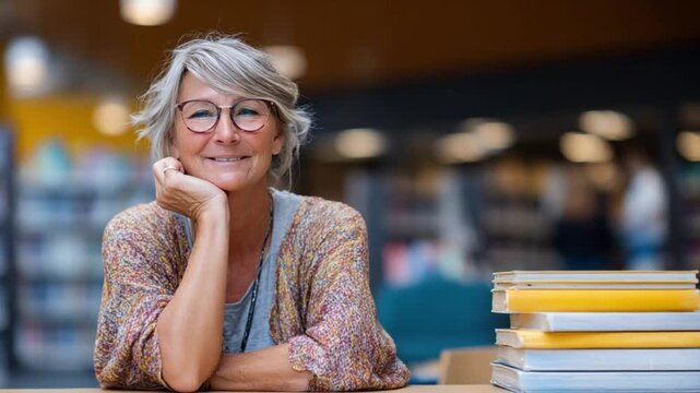 Portrait of a Librarian: A warm and inviting portrait of an experienced librarian, smiling confidently. Glasses, a casual pose, and books in the background underscore a sense of wisdom and learning.