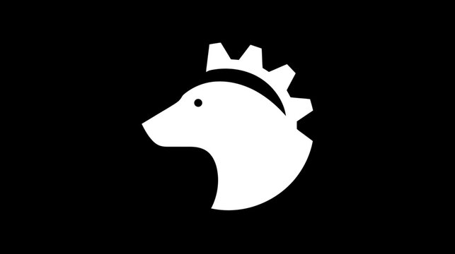 A stark white, stylized image of an animal head with a gear atop it, set against a black background