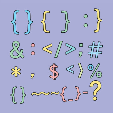 Colorful programming symbols and characters.