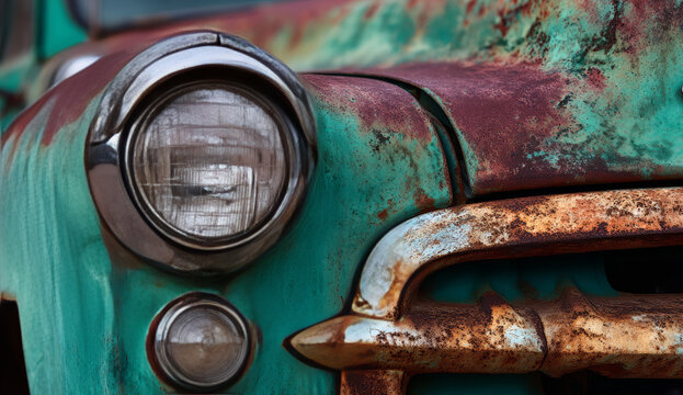 A rusty vintage car headlight with weathered metal surface and aged patina