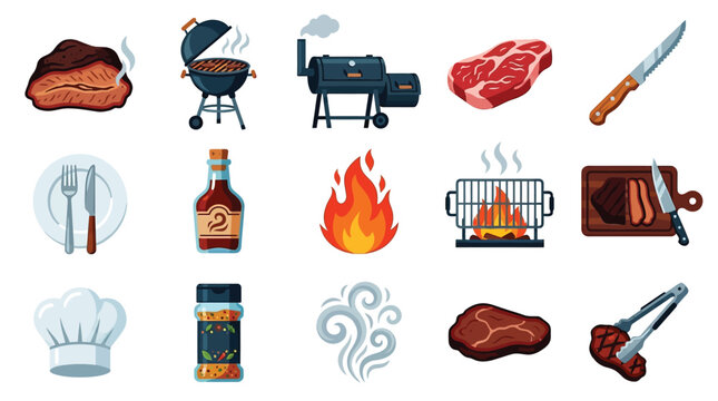 A collection of illustrations related to barbecue, including various cuts of meat, grilling equipment, sauces, and cooking elements.
