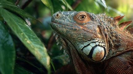 Fototapeta premium Close up of a green iguana lizard in lush green foliage.